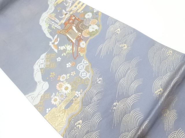 御所車に菊・鶴模様織出し袋帯